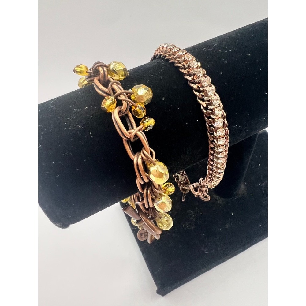 Cookie Lee Copper Bracelet Lot 0f 2‎ Yellow Glass Beads Rhinestone Chain Boho